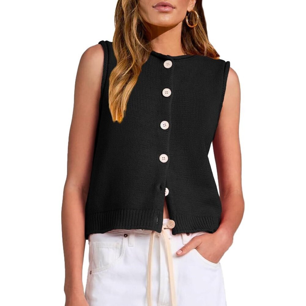 Women’s Sleeveless Sweater Vest Viscose Nylon Crew Neck Button Summer Top